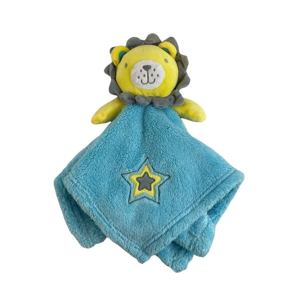 Baby Gear Plush Aqua Blue Fleece Yellow Lion Star Security Blanket‎ Lovey 15"